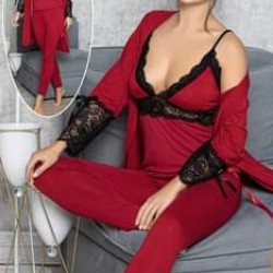JENİKA Kadın İp Askı  Sabahlıklı 3'lü Pijama Takım